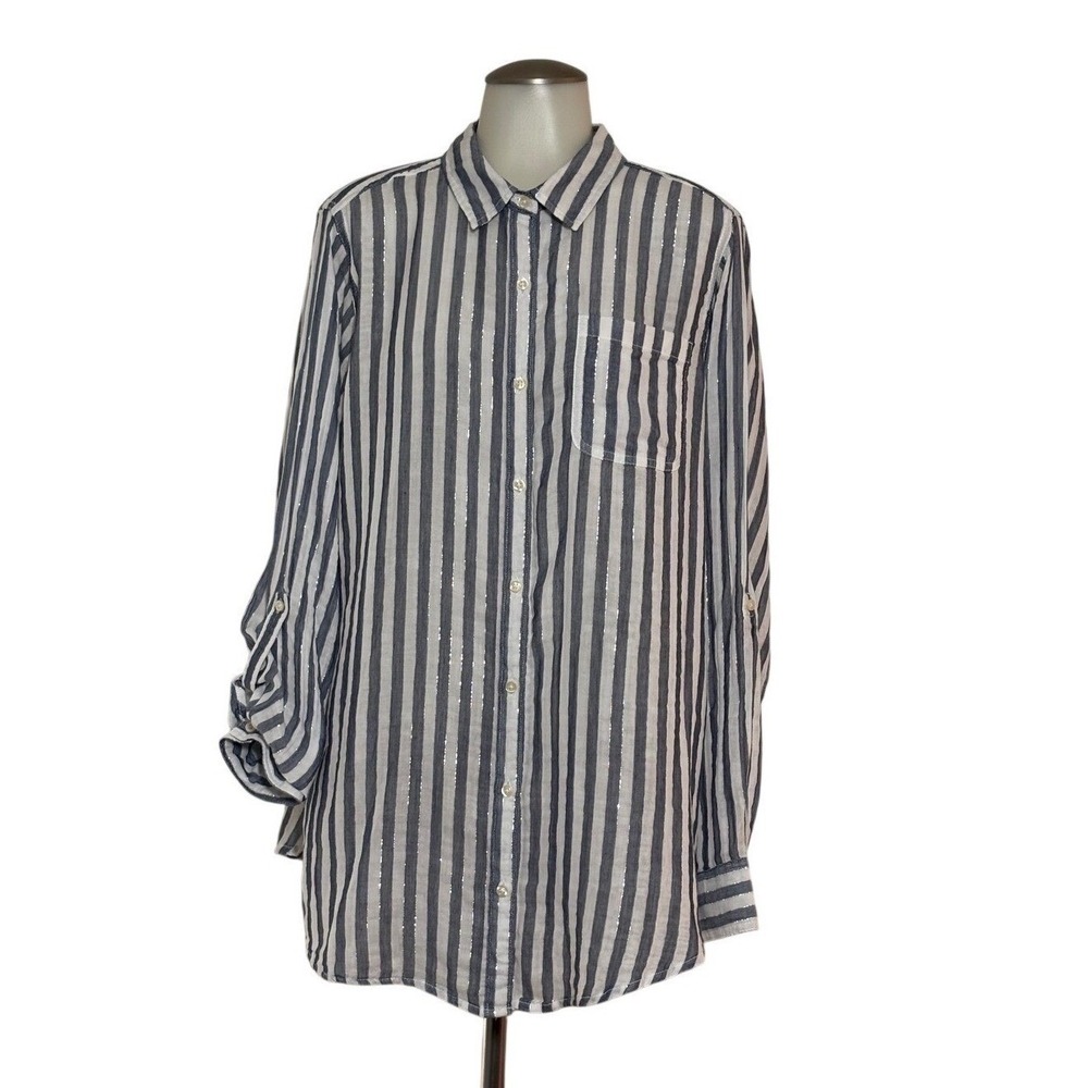 St. John's Bay Button Down Women XL Navy Lurex Stripe Roll-Tab NEW  Sparkle!!!